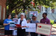 CNS-ANTIBIOTICS-CAMPAIGN1 -- Pat McLaine, member of the Maryland Nurses Association, speaks at Lawyers Mall in Annapolis on Tuesday, Sept. 4, 2018. McLaine and other public health advocates spoke out against the routine use of antibiotics in animal agriculture. (Photo by Howard Fletcher/Capital News Service)