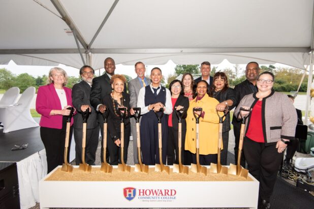 Howard Community College President Dr. Daria J. Willis is joined by National Cyber Director Harry Coker, Jr., Maryland Secretary of Labor Portia Wu, elected officials and speakers at the ceremonial groundbreaking for the college’s upcoming workforce development and trades center.